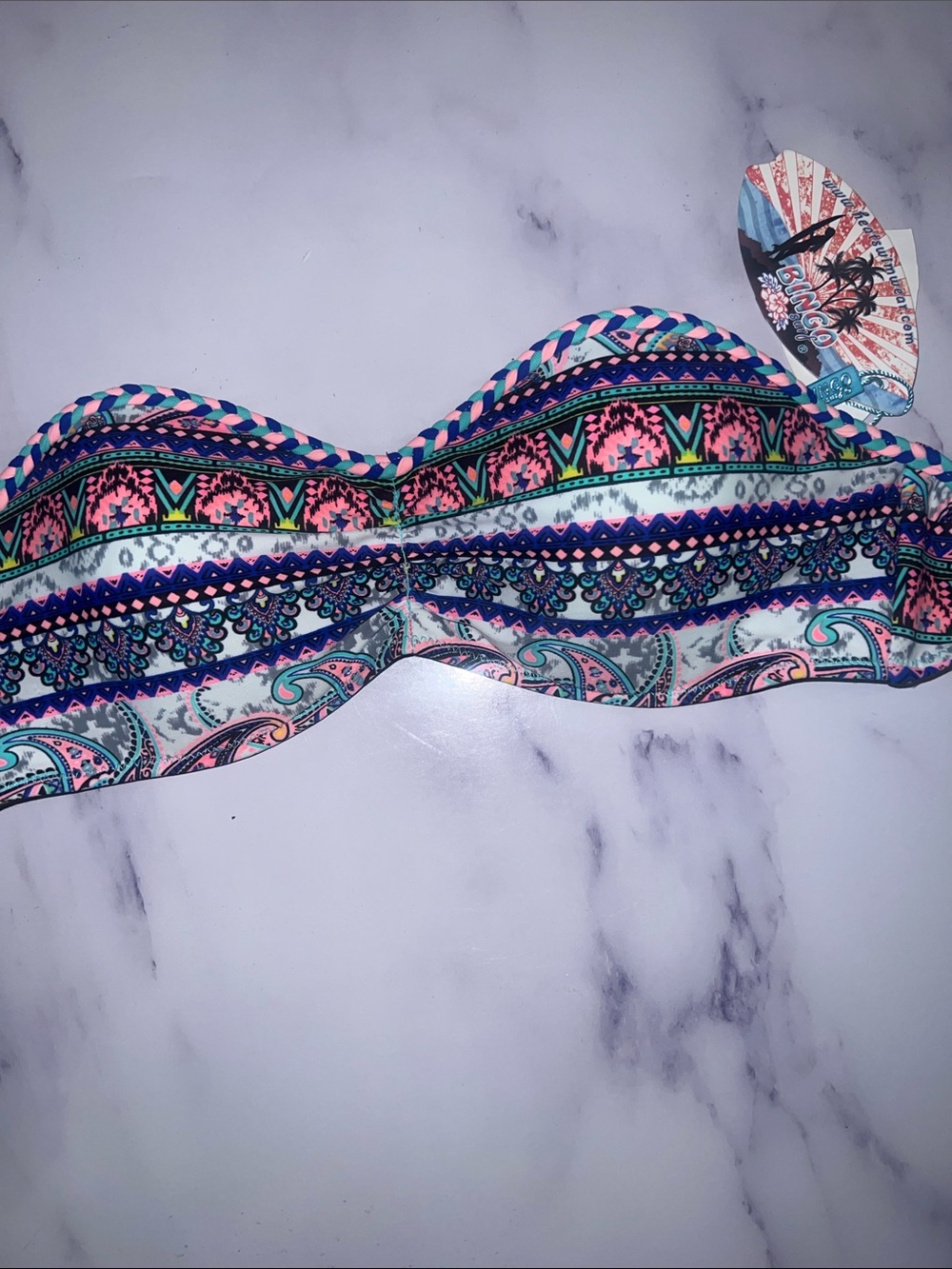 Colorful Patterned Bandeau Bikini Top no straps braided Small